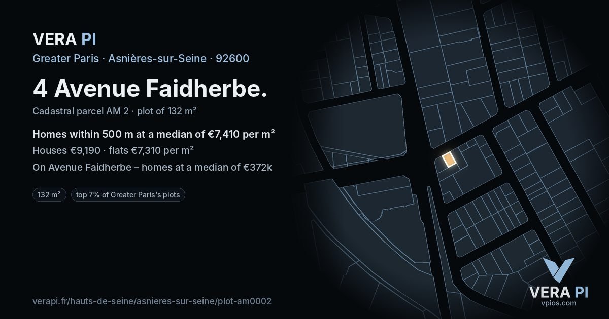 4 Avenue Faidherbe, Asnières-sur-Seine at night – the plot lit, the parcels around coloured by the prices near them