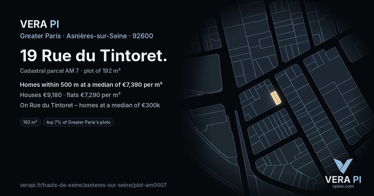 19 Rue du Tintoret, Asnières-sur-Seine at night – the plot lit, the parcels around coloured by the prices near them