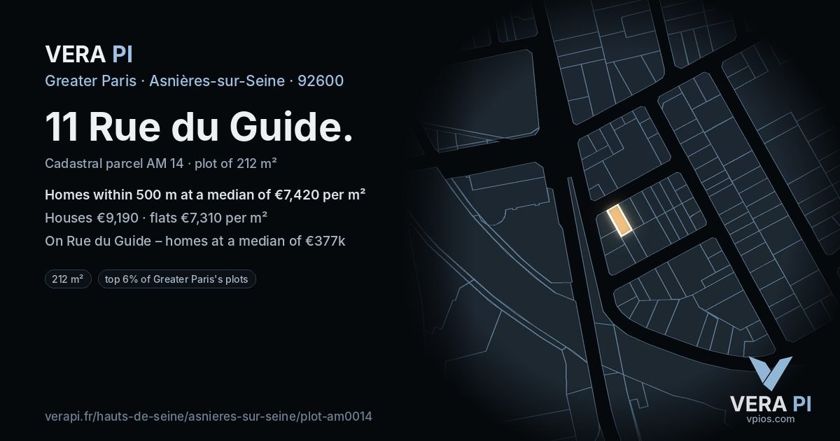 11 Rue du Guide, Asnières-sur-Seine at night – the plot lit, the parcels around coloured by the prices near them