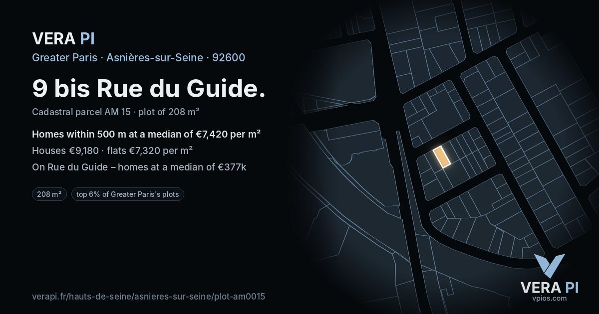9 bis Rue du Guide, Asnières-sur-Seine at night – the plot lit, the parcels around coloured by the prices near them