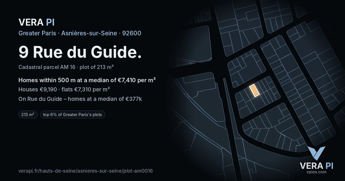 9 Rue du Guide, Asnières-sur-Seine at night – the plot lit, the parcels around coloured by the prices near them