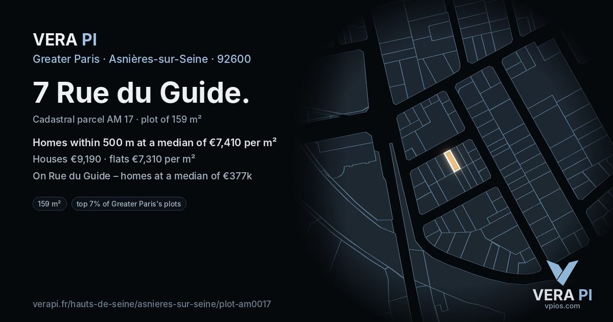 7 Rue du Guide, Asnières-sur-Seine at night – the plot lit, the parcels around coloured by the prices near them