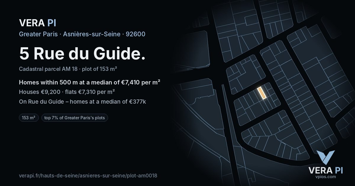 5 Rue du Guide, Asnières-sur-Seine at night – the plot lit, the parcels around coloured by the prices near them
