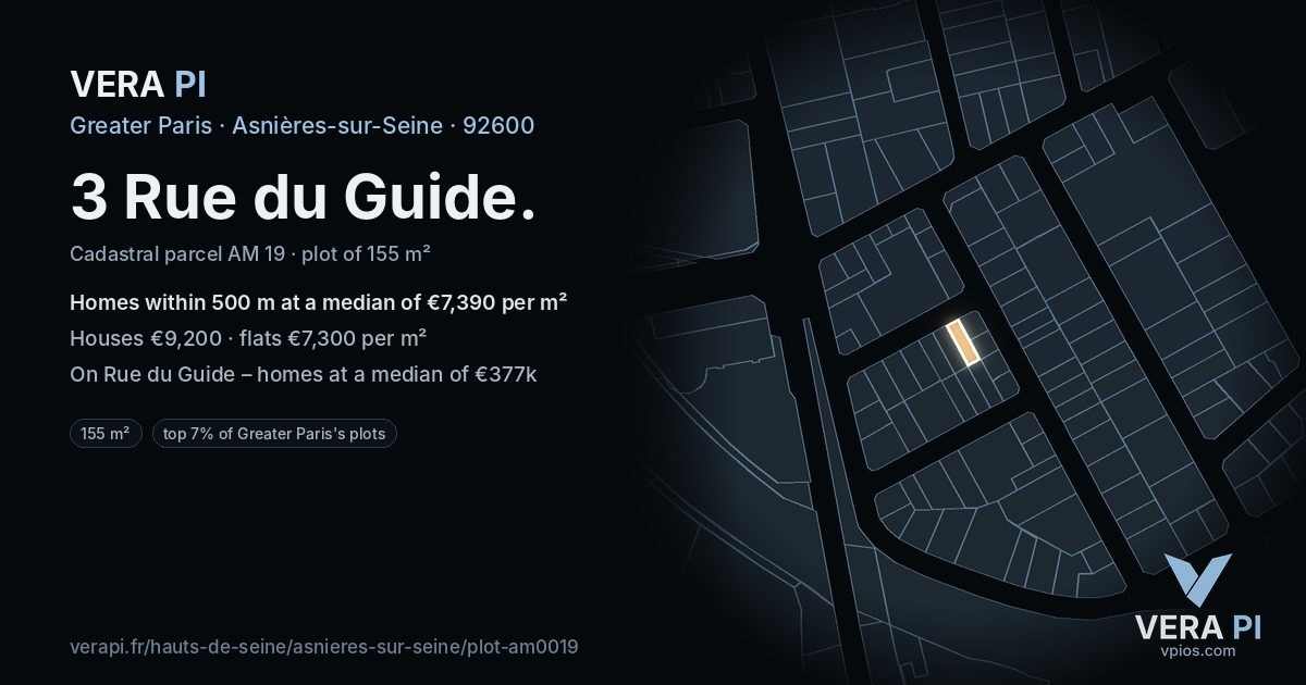 3 Rue du Guide, Asnières-sur-Seine at night – the plot lit, the parcels around coloured by the prices near them