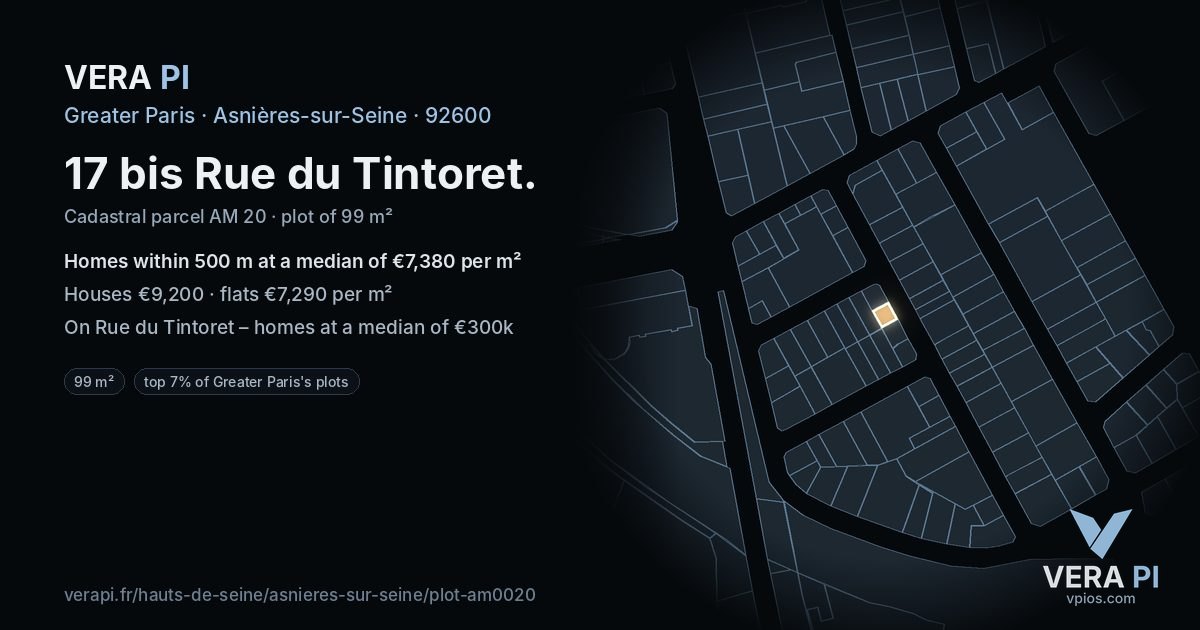 17 bis Rue du Tintoret, Asnières-sur-Seine at night – the plot lit, the parcels around coloured by the prices near them