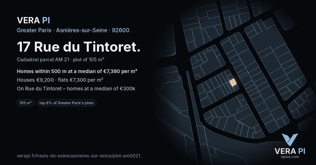 17 Rue du Tintoret, Asnières-sur-Seine at night – the plot lit, the parcels around coloured by the prices near them