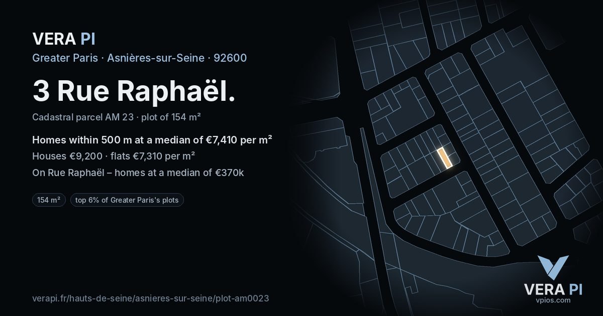 3 Rue Raphaël, Asnières-sur-Seine at night – the plot lit, the parcels around coloured by the prices near them