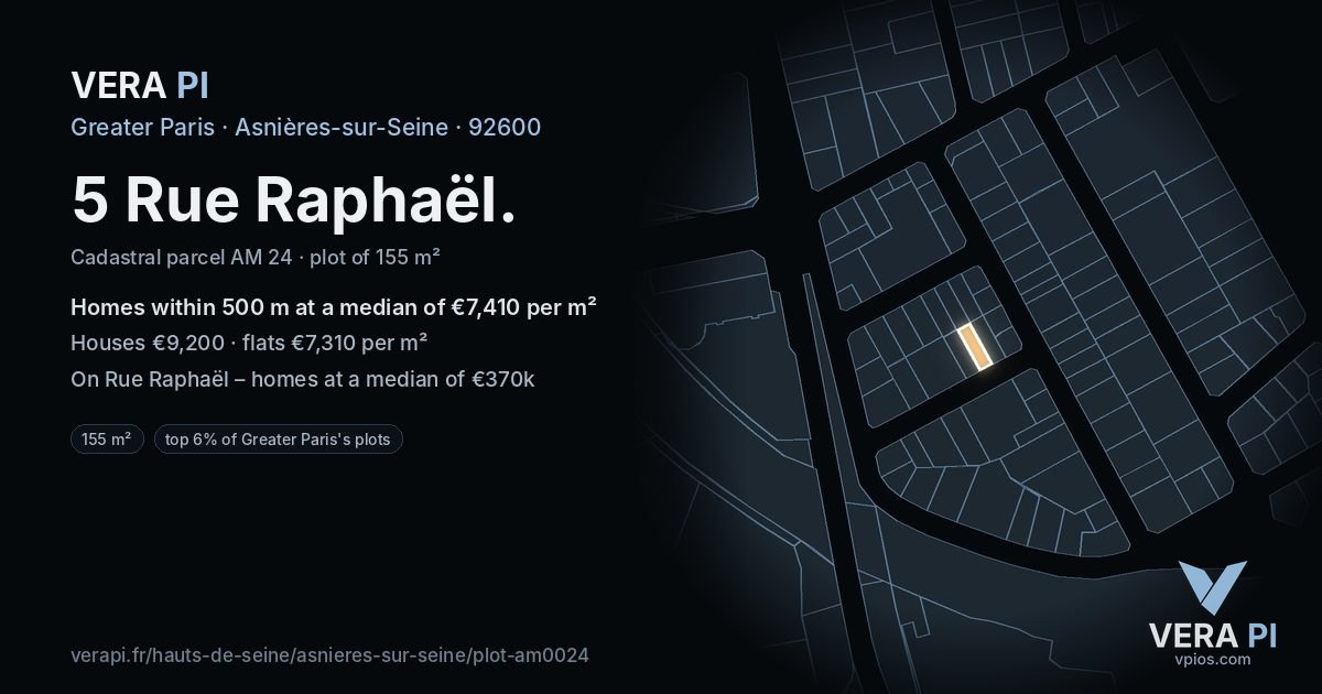 5 Rue Raphaël, Asnières-sur-Seine at night – the plot lit, the parcels around coloured by the prices near them