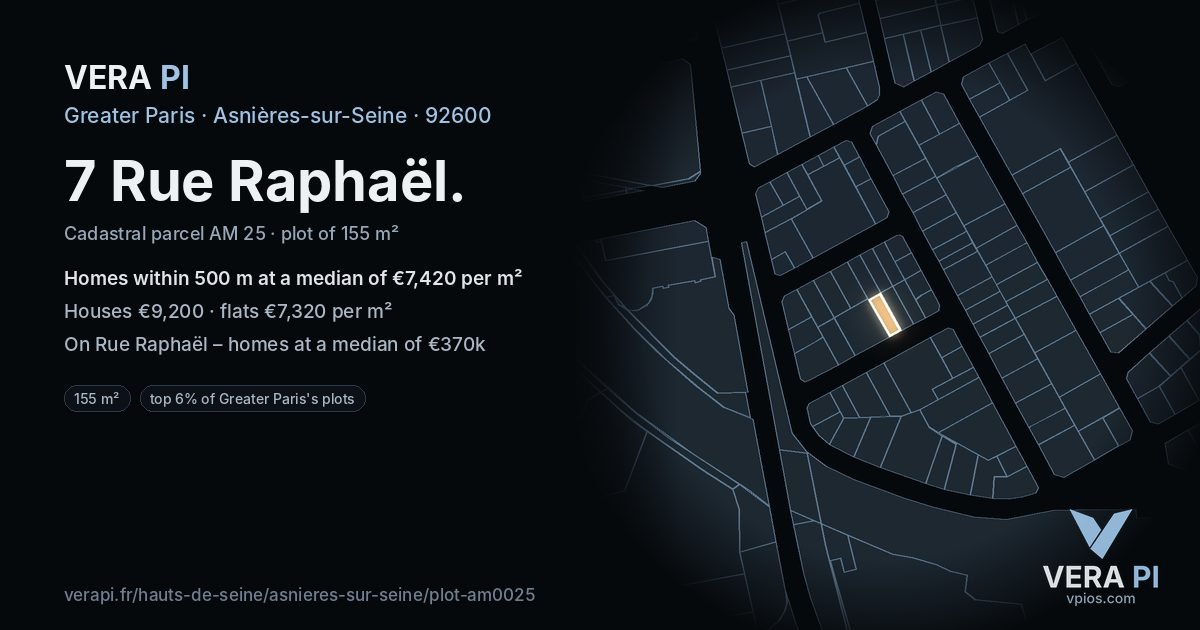 7 Rue Raphaël, Asnières-sur-Seine at night – the plot lit, the parcels around coloured by the prices near them