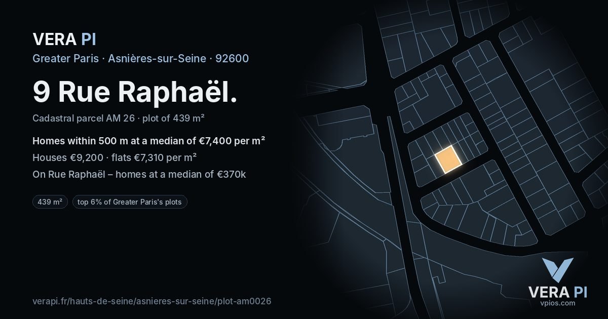 9 Rue Raphaël, Asnières-sur-Seine at night – the plot lit, the parcels around coloured by the prices near them