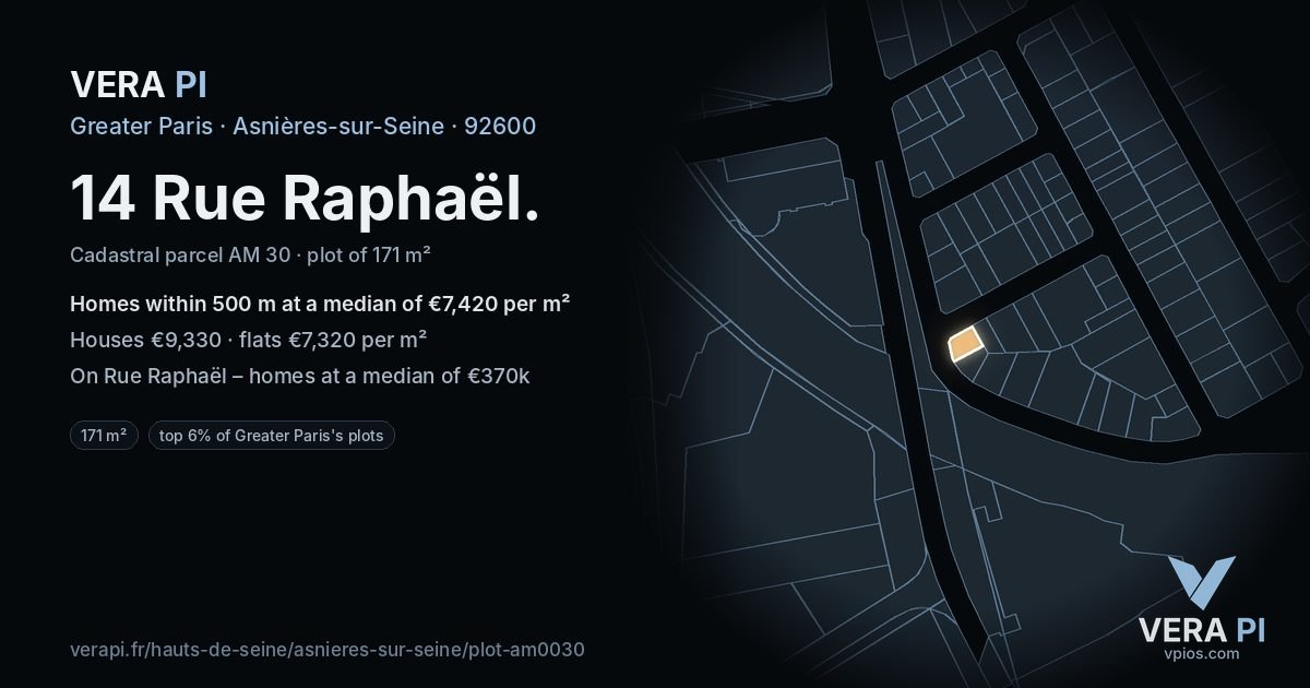 14 Rue Raphaël, Asnières-sur-Seine at night – the plot lit, the parcels around coloured by the prices near them