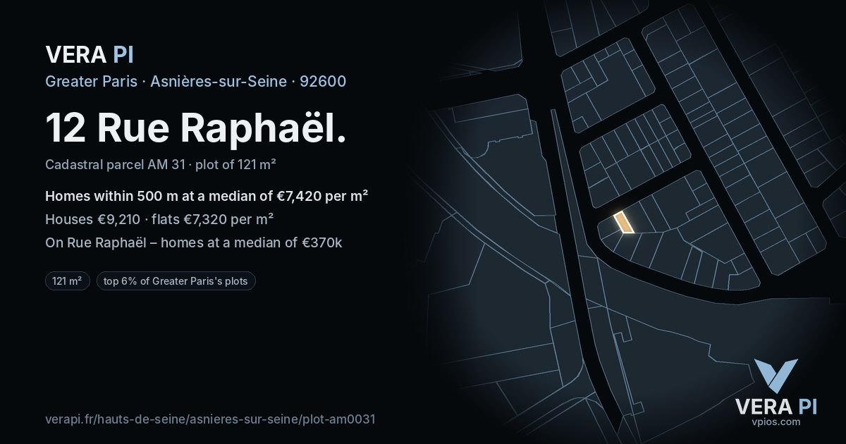 12 Rue Raphaël, Asnières-sur-Seine at night – the plot lit, the parcels around coloured by the prices near them