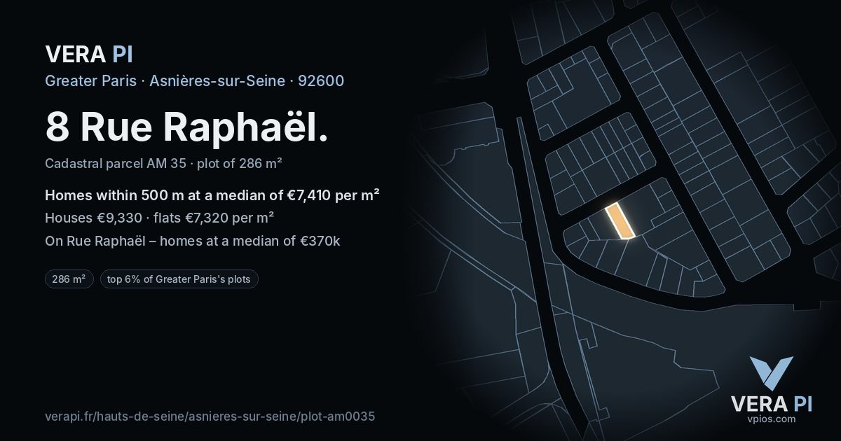 8 Rue Raphaël, Asnières-sur-Seine at night – the plot lit, the parcels around coloured by the prices near them