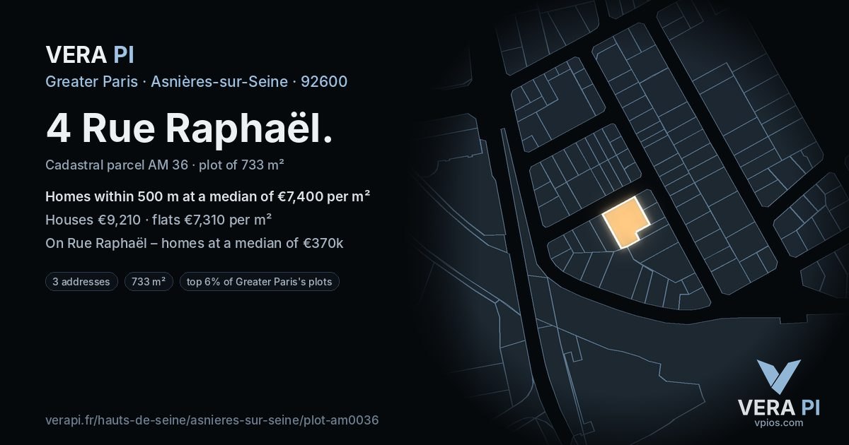 4 Rue Raphaël, Asnières-sur-Seine at night – the plot lit, the parcels around coloured by the prices near them