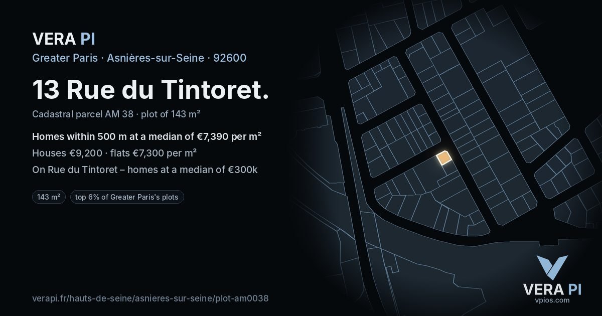 13 Rue du Tintoret, Asnières-sur-Seine at night – the plot lit, the parcels around coloured by the prices near them