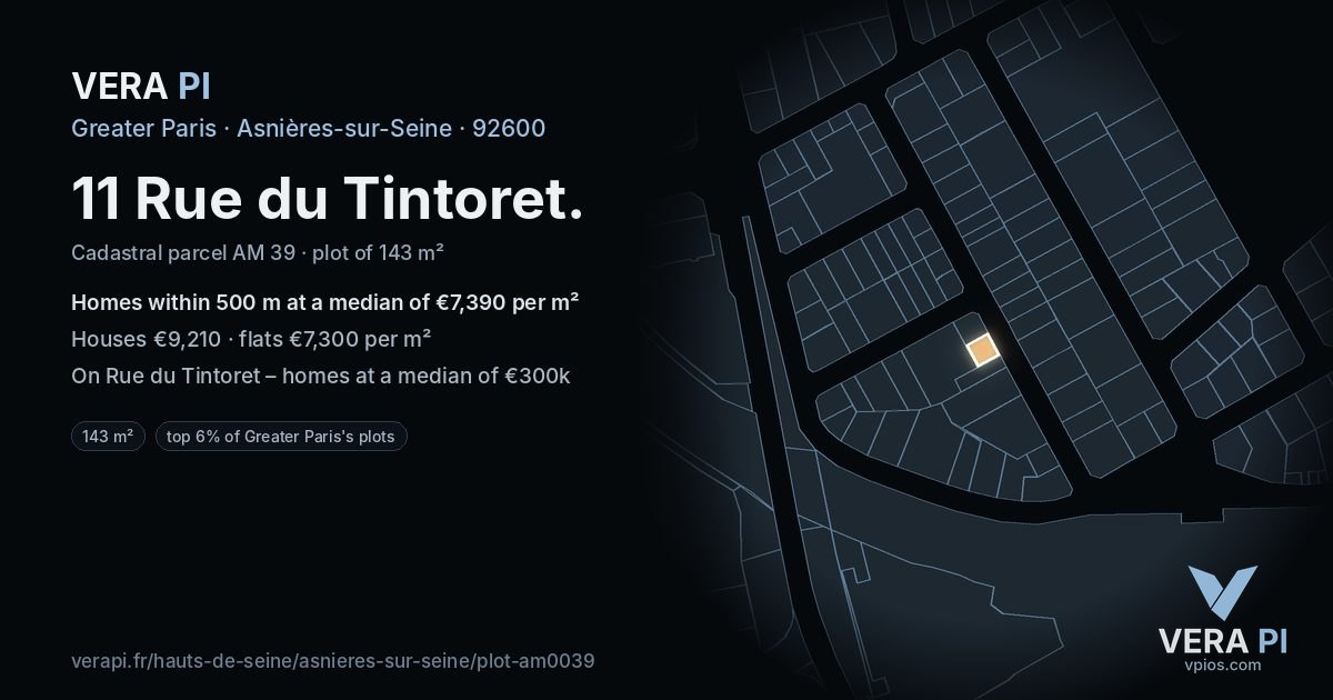 11 Rue du Tintoret, Asnières-sur-Seine at night – the plot lit, the parcels around coloured by the prices near them