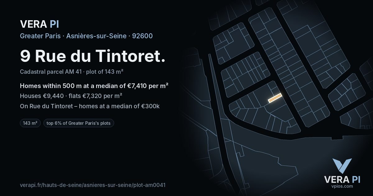 9 Rue du Tintoret, Asnières-sur-Seine at night – the plot lit, the parcels around coloured by the prices near them