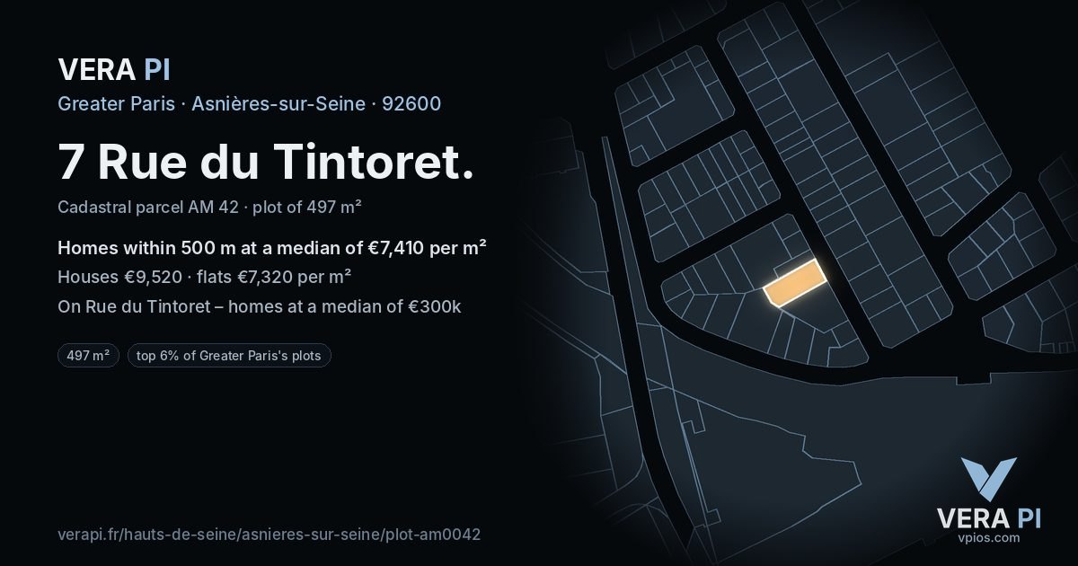 7 Rue du Tintoret, Asnières-sur-Seine at night – the plot lit, the parcels around coloured by the prices near them