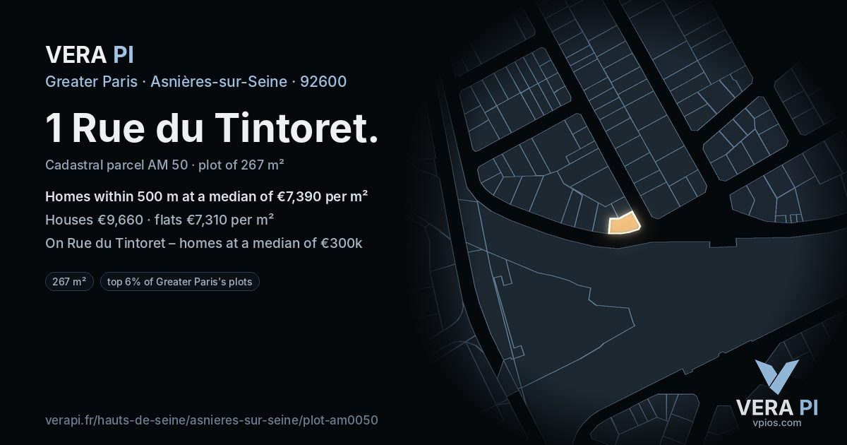 1 Rue du Tintoret, Asnières-sur-Seine at night – the plot lit, the parcels around coloured by the prices near them