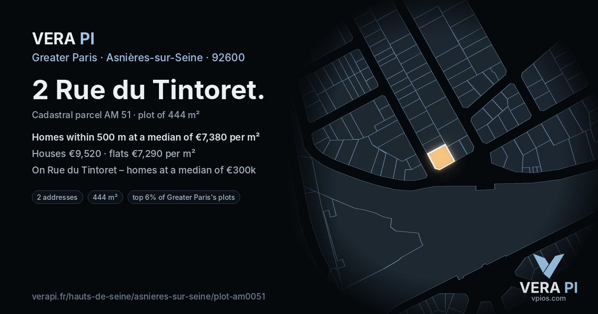 2 Rue du Tintoret, Asnières-sur-Seine at night – the plot lit, the parcels around coloured by the prices near them