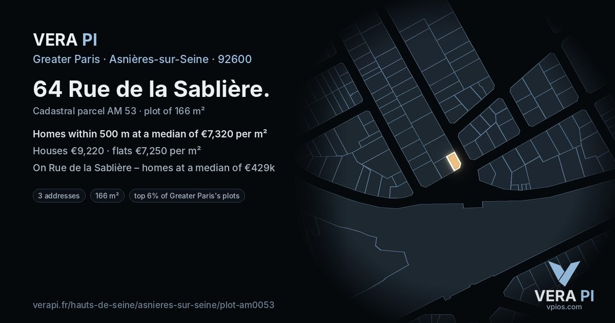 64 Rue de la Sablière, Asnières-sur-Seine at night – the plot lit, the parcels around coloured by the prices near them