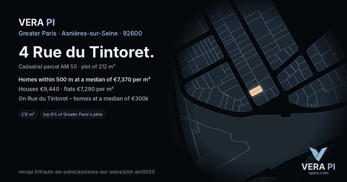 4 Rue du Tintoret, Asnières-sur-Seine at night – the plot lit, the parcels around coloured by the prices near them