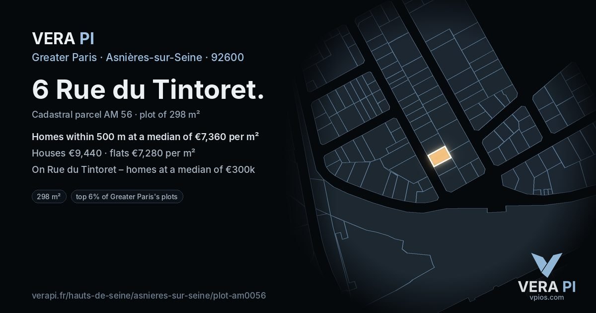 6 Rue du Tintoret, Asnières-sur-Seine at night – the plot lit, the parcels around coloured by the prices near them