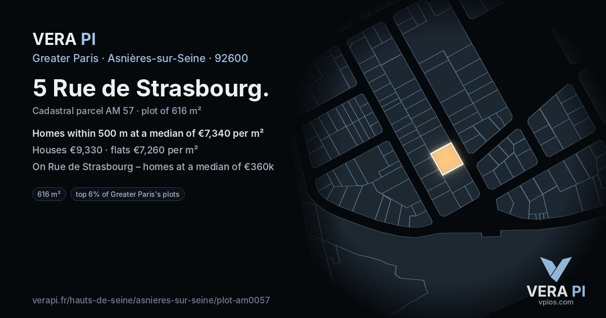 5 Rue de Strasbourg, Asnières-sur-Seine at night – the plot lit, the parcels around coloured by the prices near them
