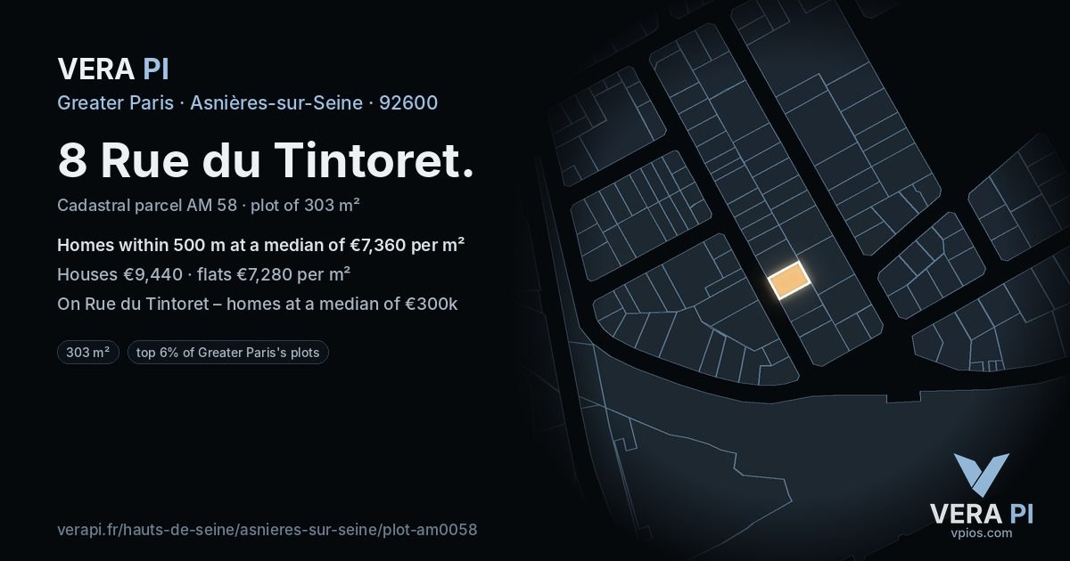 8 Rue du Tintoret, Asnières-sur-Seine at night – the plot lit, the parcels around coloured by the prices near them