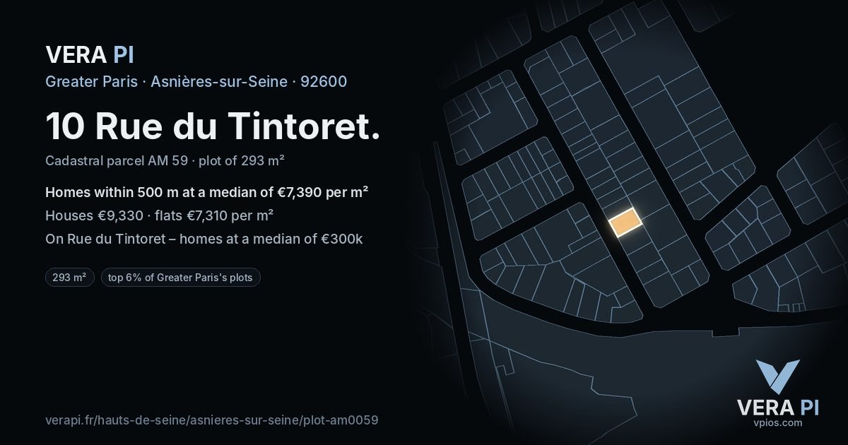 10 Rue du Tintoret, Asnières-sur-Seine at night – the plot lit, the parcels around coloured by the prices near them