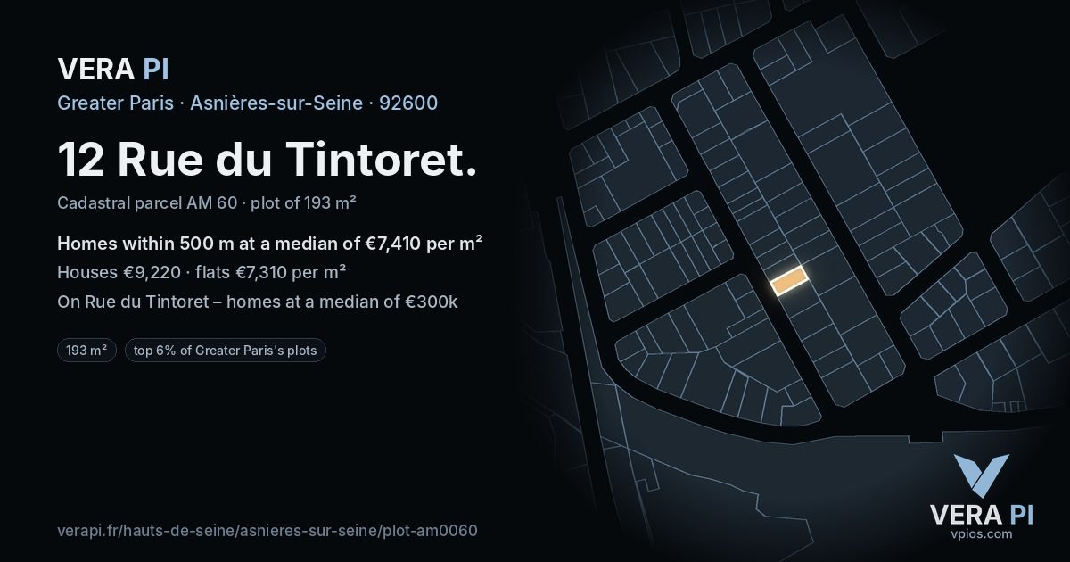 12 Rue du Tintoret, Asnières-sur-Seine at night – the plot lit, the parcels around coloured by the prices near them
