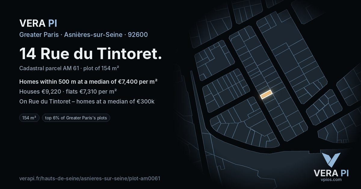 14 Rue du Tintoret, Asnières-sur-Seine at night – the plot lit, the parcels around coloured by the prices near them