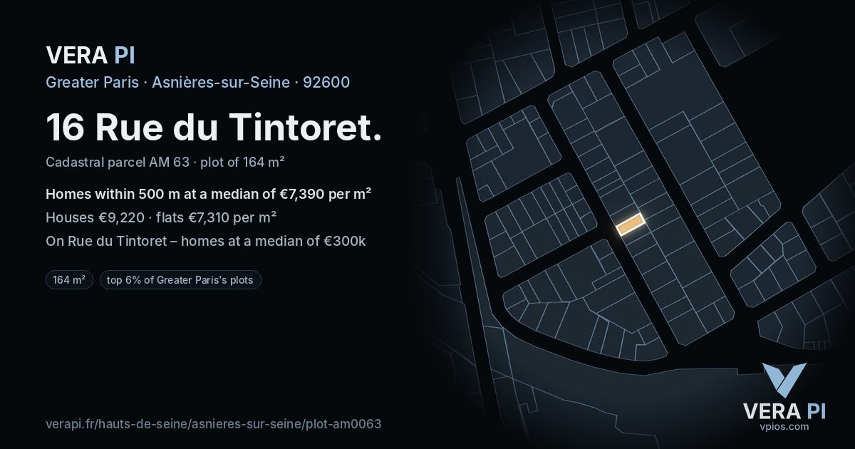 16 Rue du Tintoret, Asnières-sur-Seine at night – the plot lit, the parcels around coloured by the prices near them