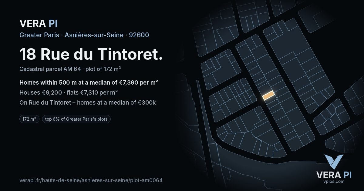 18 Rue du Tintoret, Asnières-sur-Seine at night – the plot lit, the parcels around coloured by the prices near them