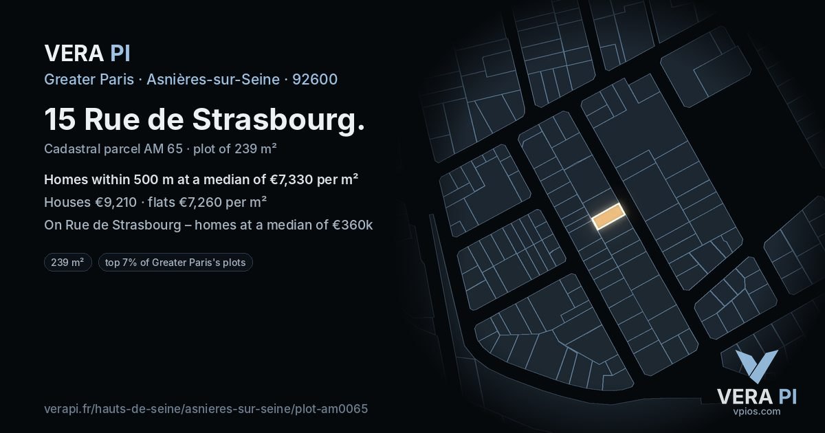 15 Rue de Strasbourg, Asnières-sur-Seine at night – the plot lit, the parcels around coloured by the prices near them