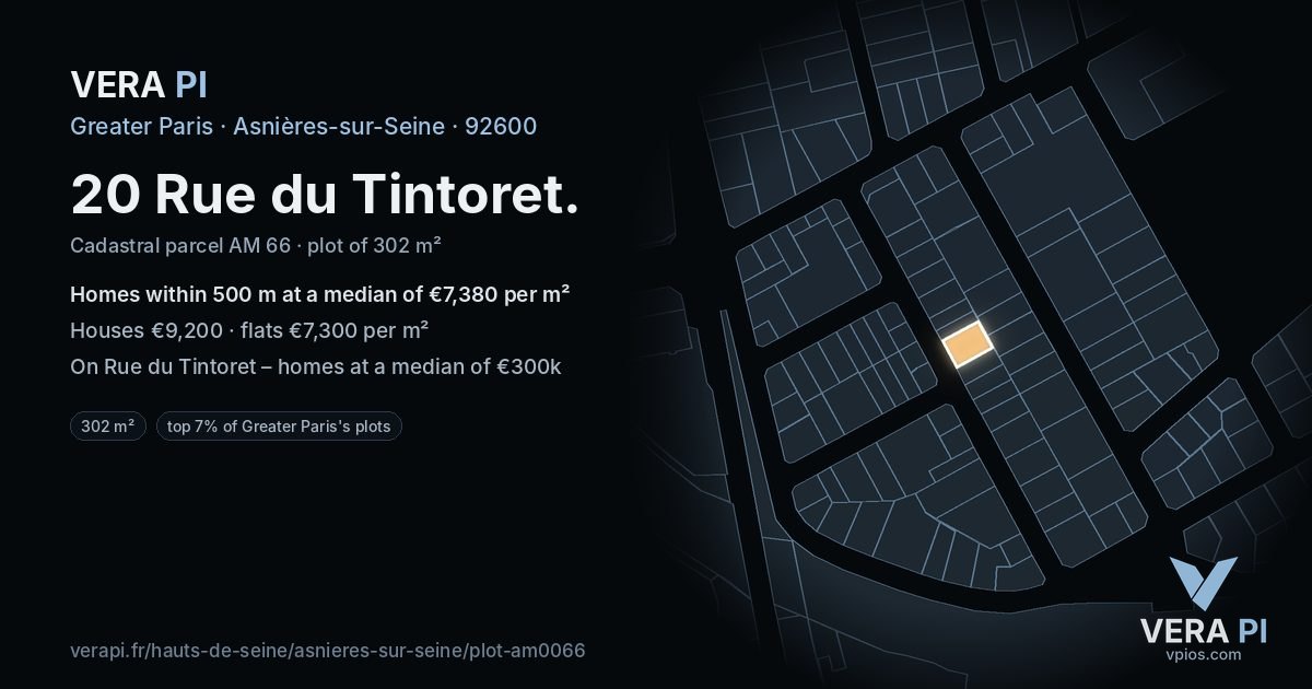 20 Rue du Tintoret, Asnières-sur-Seine at night – the plot lit, the parcels around coloured by the prices near them