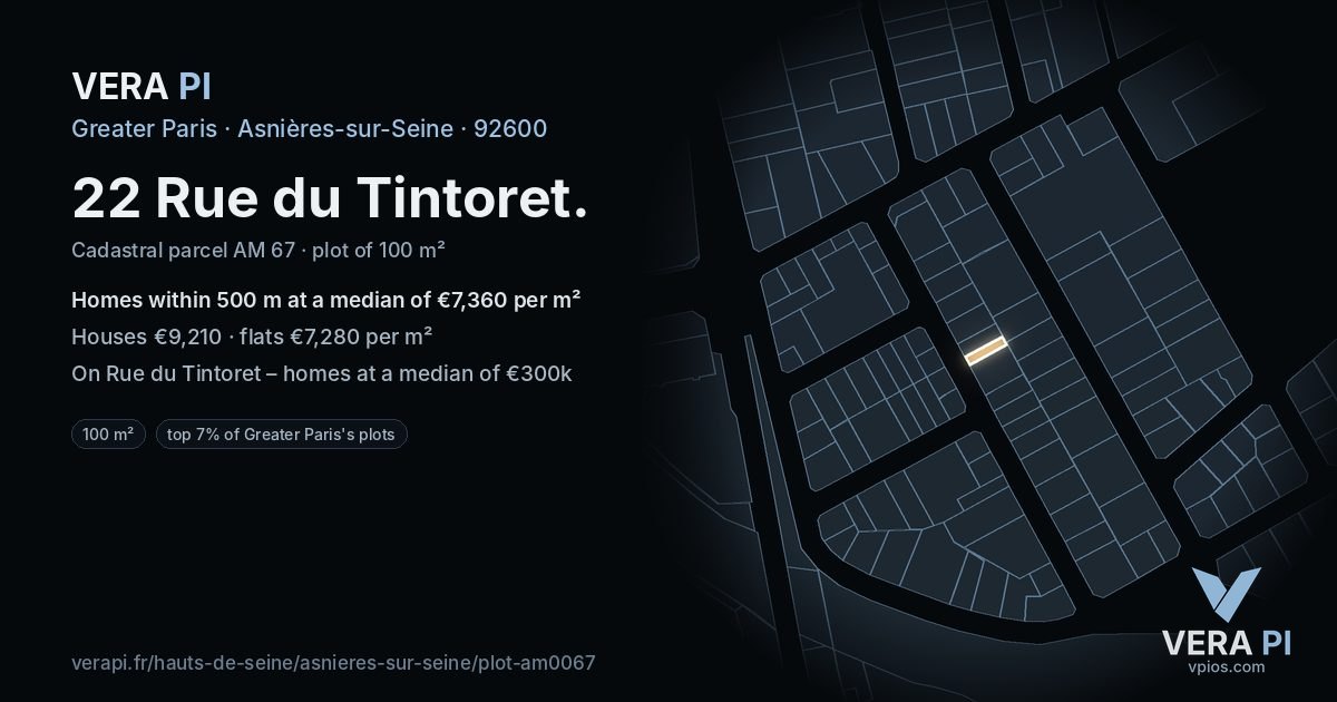 22 Rue du Tintoret, Asnières-sur-Seine at night – the plot lit, the parcels around coloured by the prices near them