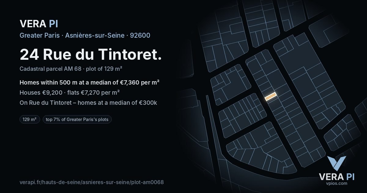 24 Rue du Tintoret, Asnières-sur-Seine at night – the plot lit, the parcels around coloured by the prices near them