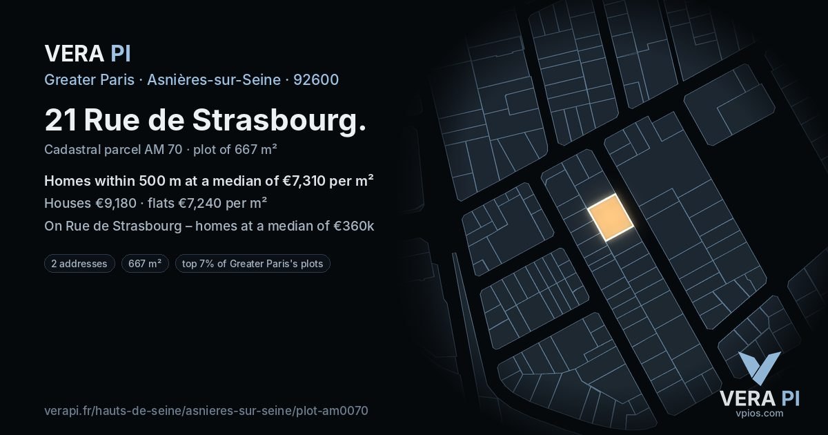 21 Rue de Strasbourg, Asnières-sur-Seine at night – the plot lit, the parcels around coloured by the prices near them