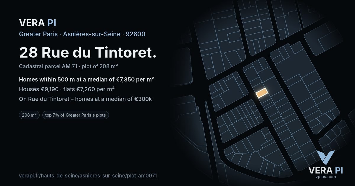 28 Rue du Tintoret, Asnières-sur-Seine at night – the plot lit, the parcels around coloured by the prices near them