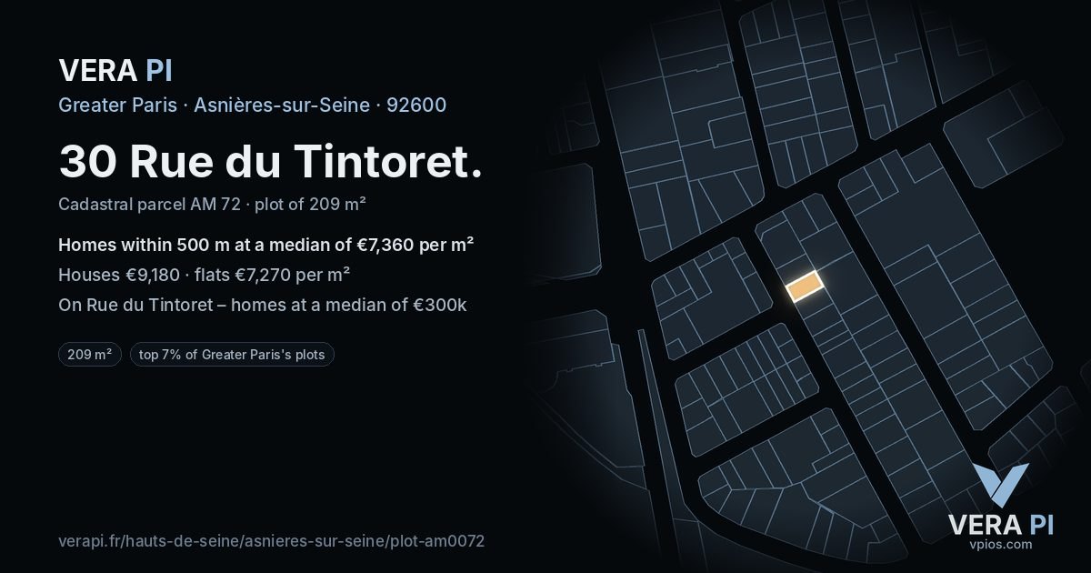 30 Rue du Tintoret, Asnières-sur-Seine at night – the plot lit, the parcels around coloured by the prices near them