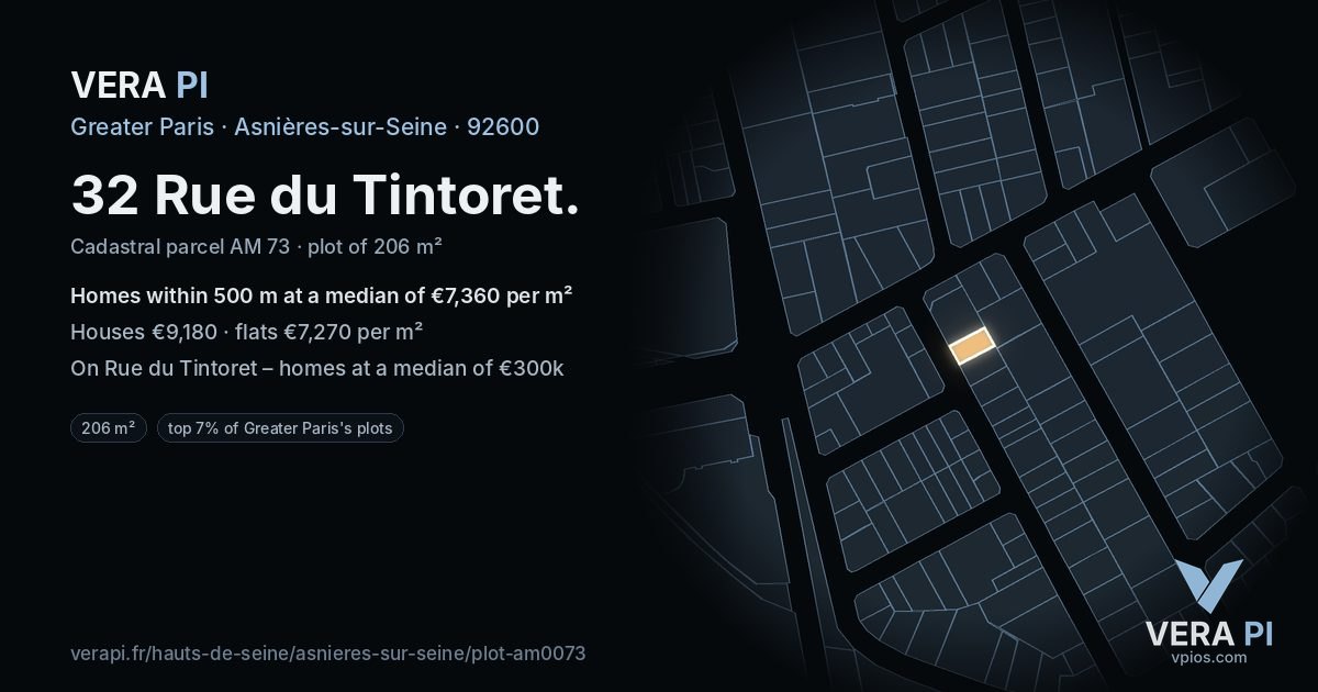32 Rue du Tintoret, Asnières-sur-Seine at night – the plot lit, the parcels around coloured by the prices near them