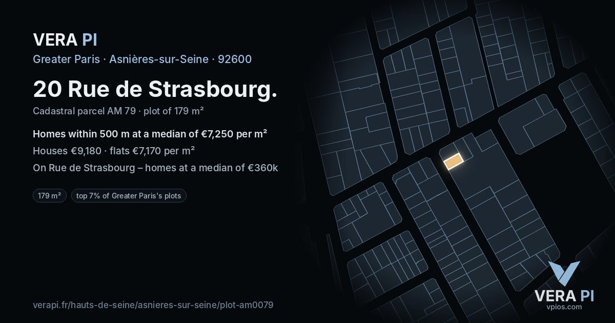 20 Rue de Strasbourg, Asnières-sur-Seine at night – the plot lit, the parcels around coloured by the prices near them