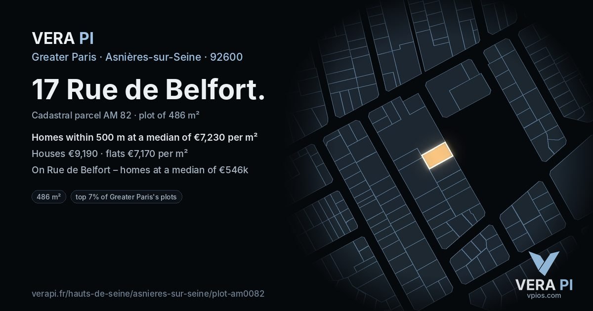 17 Rue de Belfort, Asnières-sur-Seine at night – the plot lit, the parcels around coloured by the prices near them
