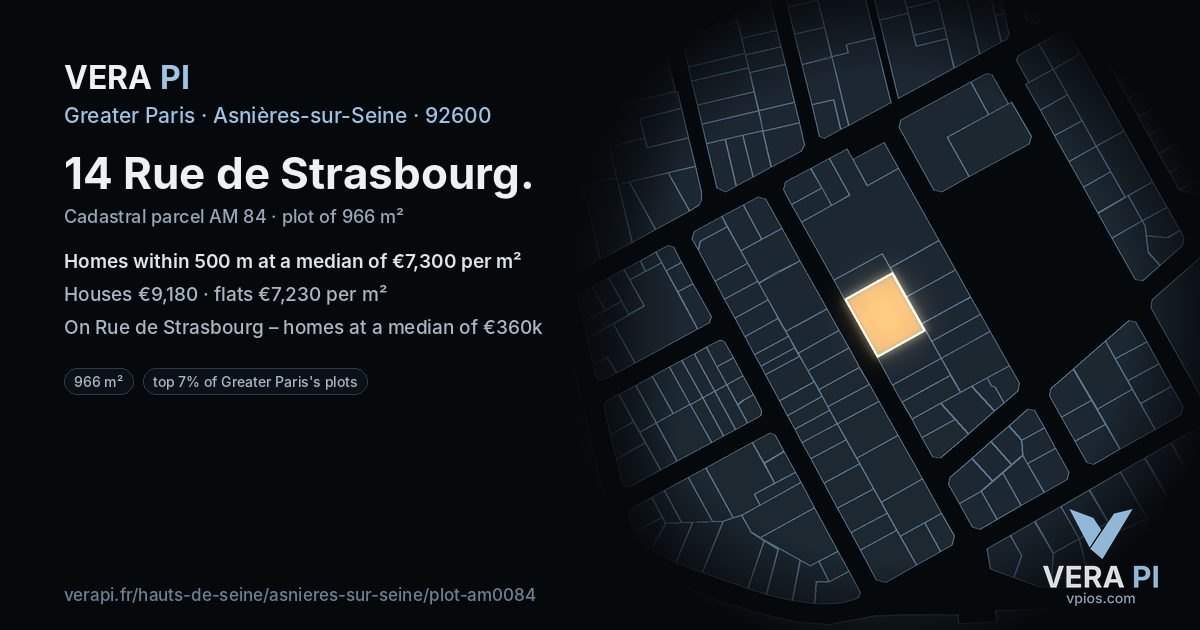 14 Rue de Strasbourg, Asnières-sur-Seine at night – the plot lit, the parcels around coloured by the prices near them