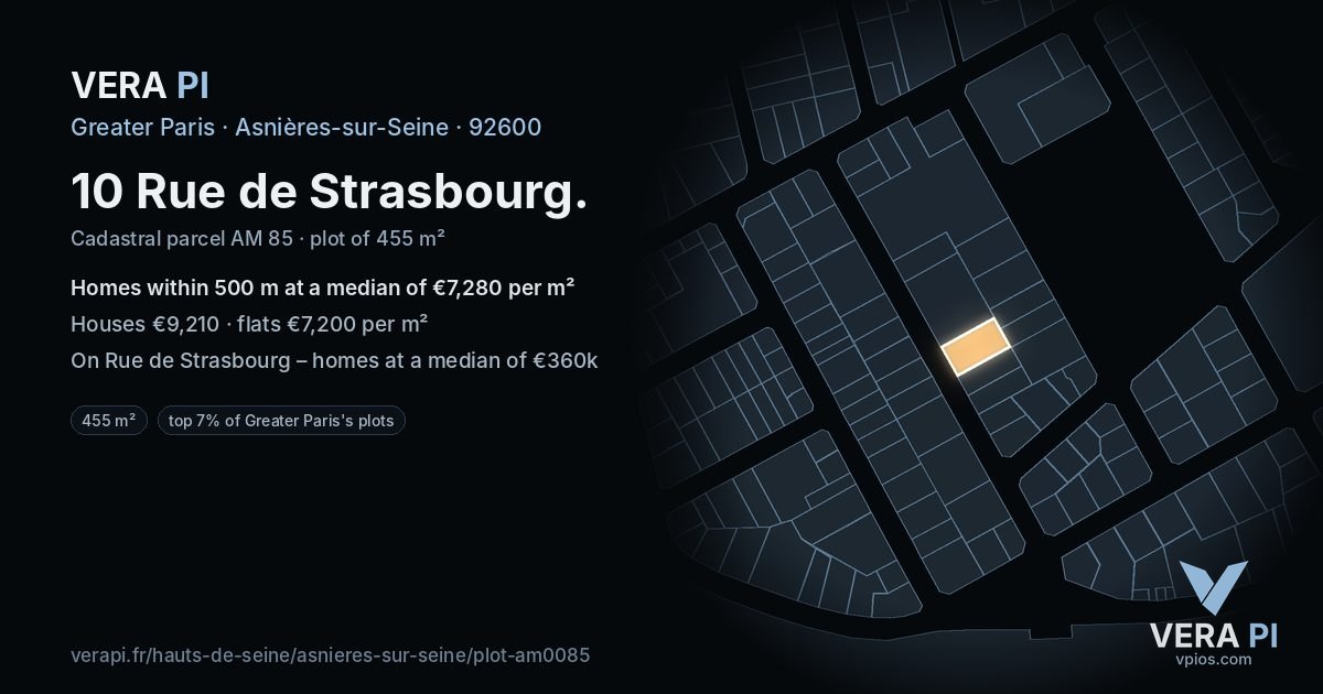 10 Rue de Strasbourg, Asnières-sur-Seine at night – the plot lit, the parcels around coloured by the prices near them