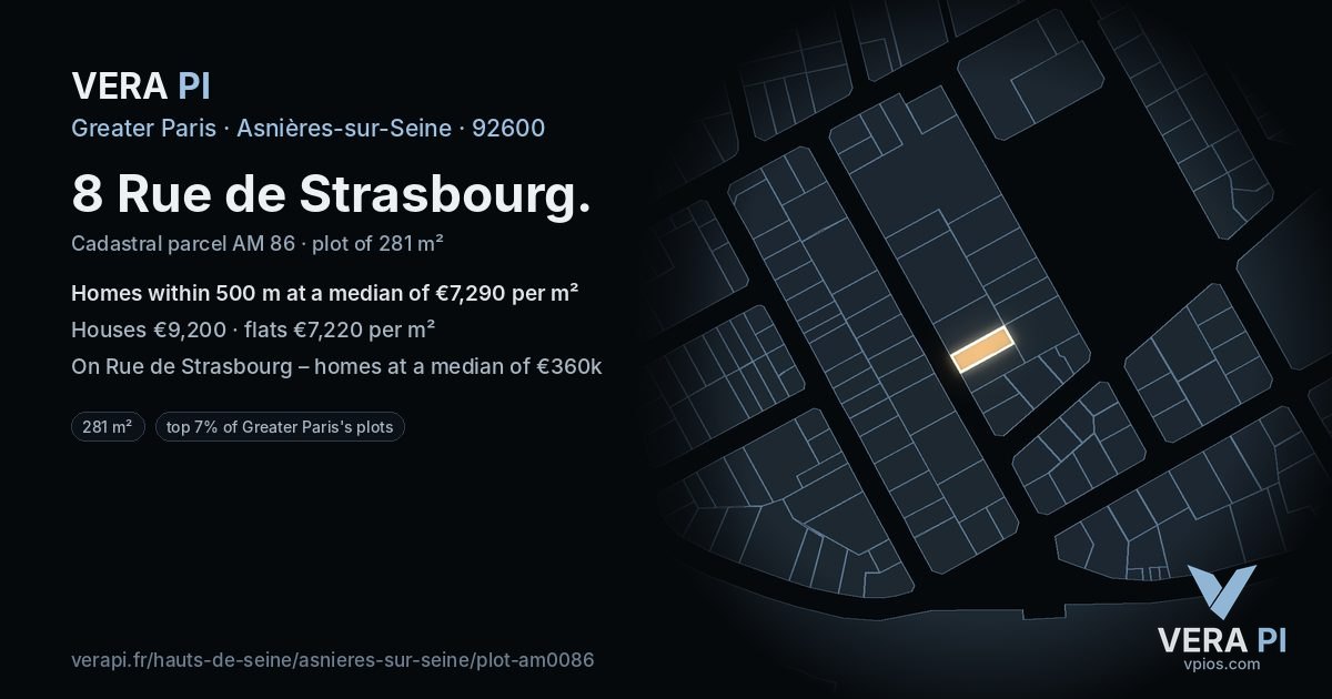 8 Rue de Strasbourg, Asnières-sur-Seine at night – the plot lit, the parcels around coloured by the prices near them