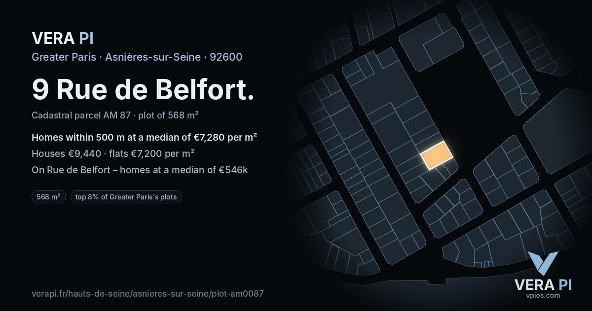 9 Rue de Belfort, Asnières-sur-Seine at night – the plot lit, the parcels around coloured by the prices near them