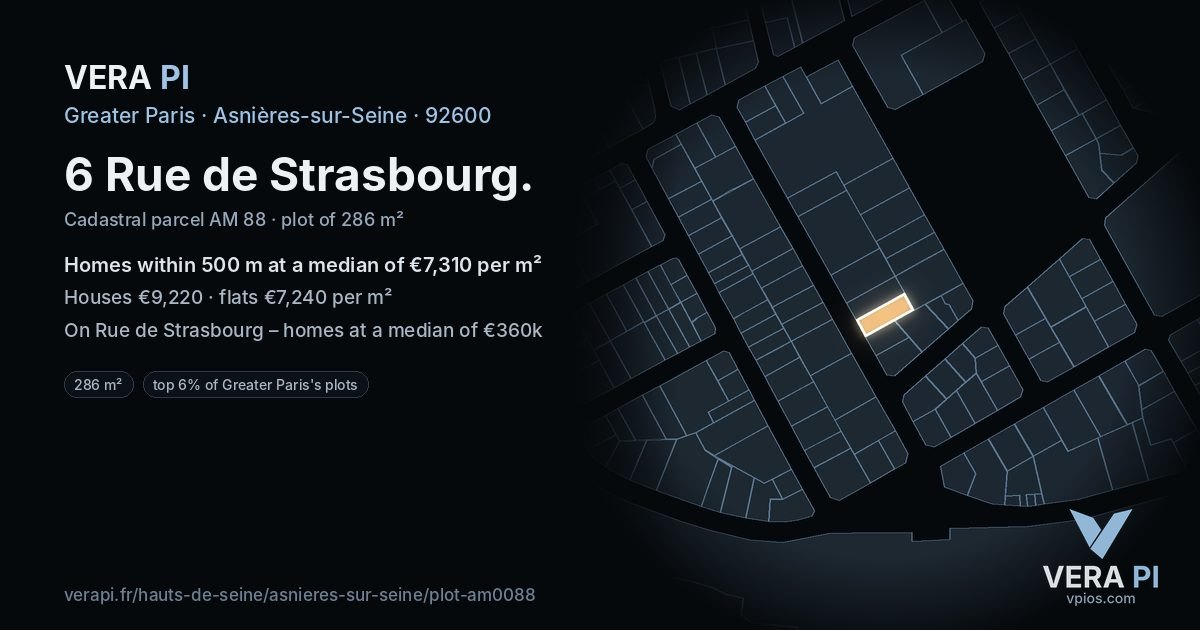 6 Rue de Strasbourg, Asnières-sur-Seine at night – the plot lit, the parcels around coloured by the prices near them