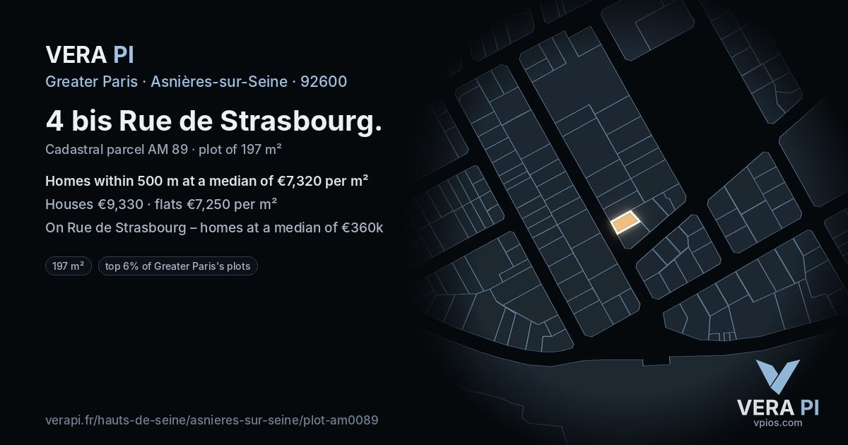 4 bis Rue de Strasbourg, Asnières-sur-Seine at night – the plot lit, the parcels around coloured by the prices near them